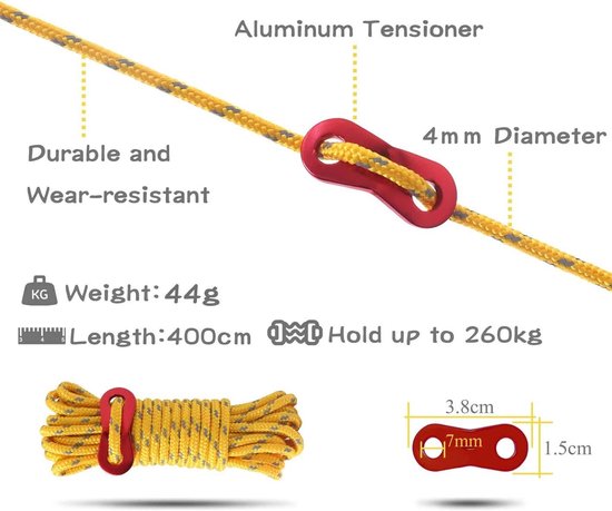 4 stuks reflecterende scheerlijnen, 4 mm, 4 m, lichte scheerlijn, tentkoord met spanner, 4 mm verstelbare ratel, verstelbaar touw, rateltouw voor buiten, tent, tentzeil camping