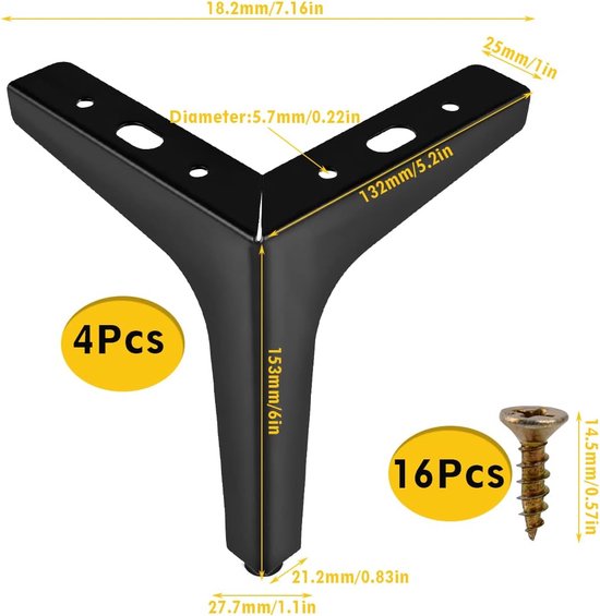 4 Stuks Metalen Meubelpoten,Zwart Vervangende Meubelpoten,Moderne Metalen Driehoek Meubelvoeten,doe-het-zelf Vervanging voor Kastpoten/TV-Kastpoten/ Bankpoten Voeten Been (25cm/9.84in