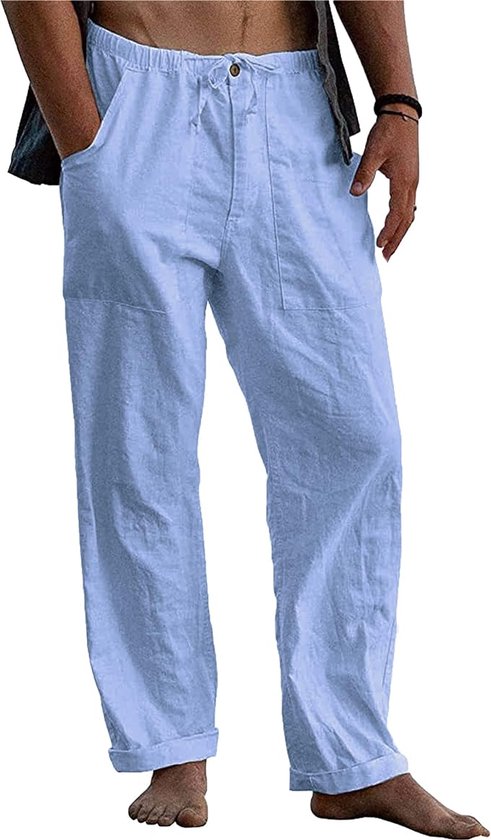 SEGANUP Heren linnen broek casual zomer lichtgewicht broek met elastische taille strand yoga broek beige M