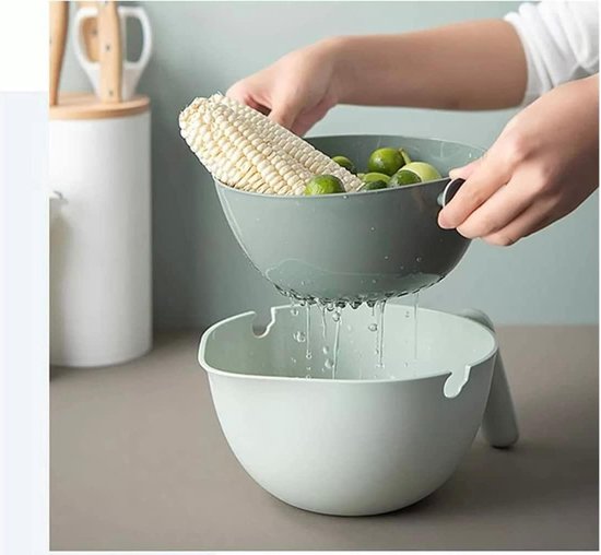 Fruitwasbak met zeef, 2-in-1 groentewasmand met opvouwbaar handvat, draagbare voedselzeef met afvoerbak voor pasta, spaghetti, bessen en salades