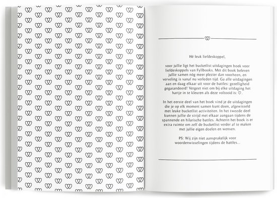 Open bucketlist boek met een pagina vol hartjespatroon en een tekst over het invullen van uitdagingen en battles.