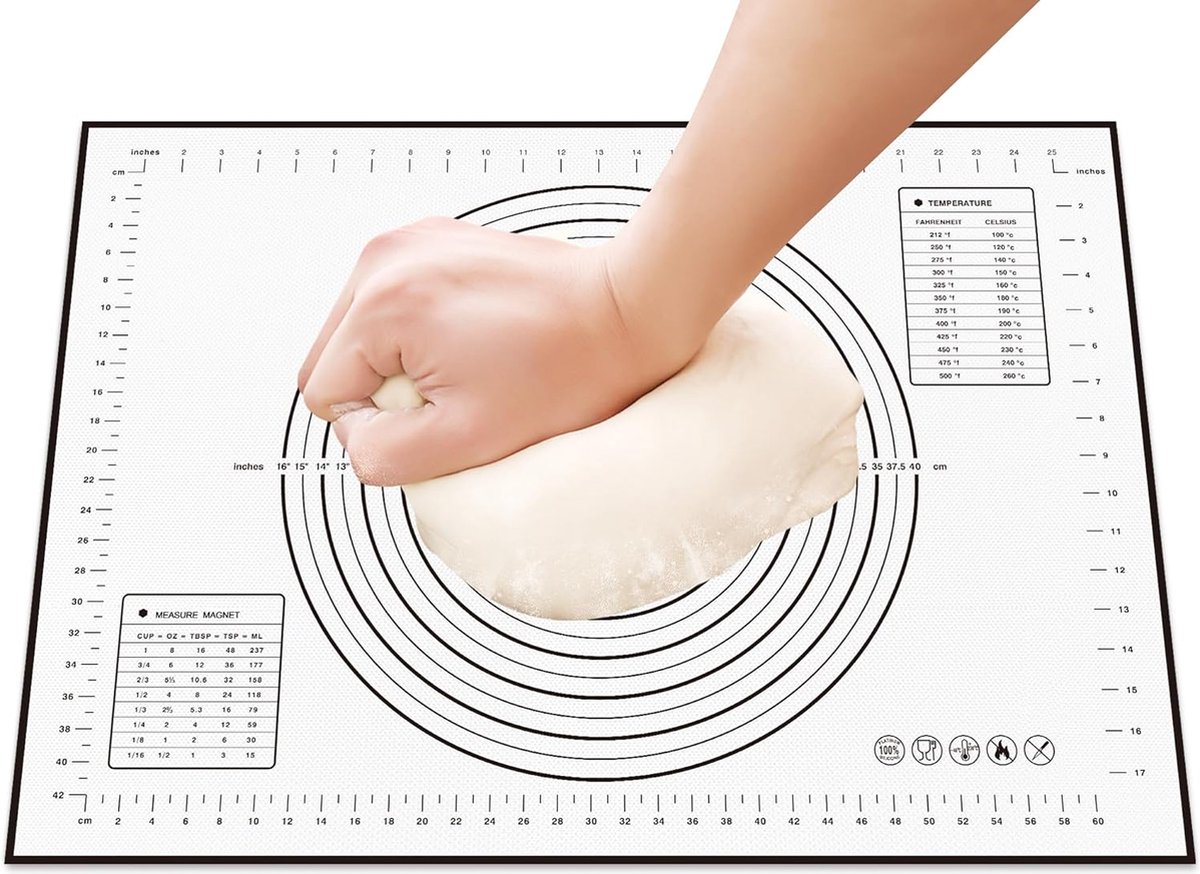 Bakmat, siliconen mat, bakmat, groot, 70 x 50 cm, anti-aanbaklaag, siliconen bakonderlegger, deegmat, uitrolmat met meting voor koekjes, brood, fondant, gebak, pizza, deeg - zwart