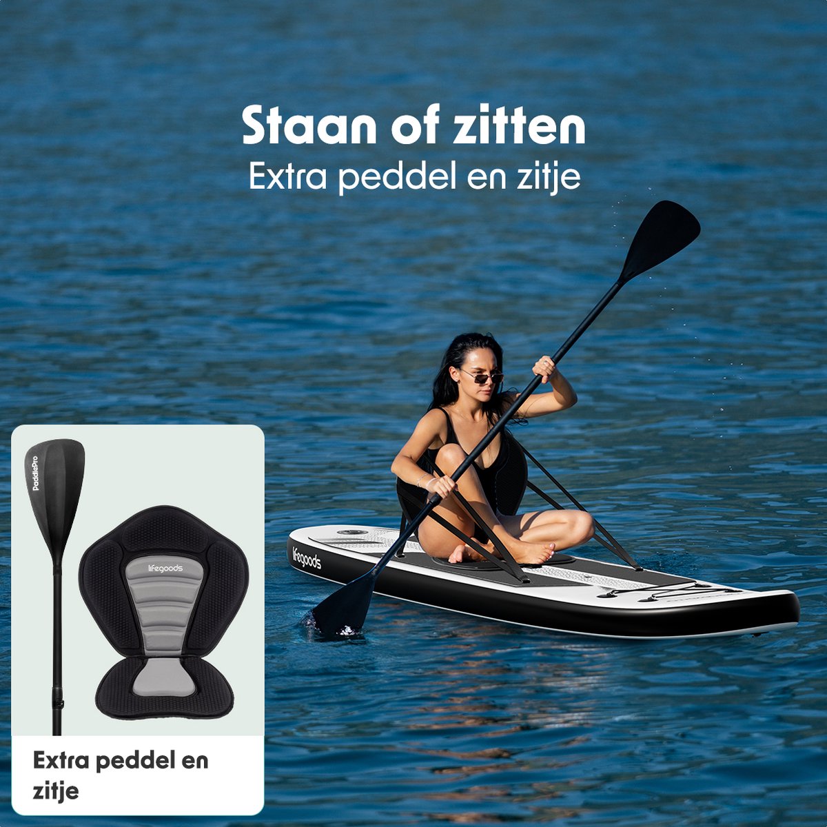 LifeGoods PaddlePro SUP Board - Luxe Set - met Zitje - Opblaasbaar Paddle Board - Max. 150KG - 320x81cm - Wit – foto 5