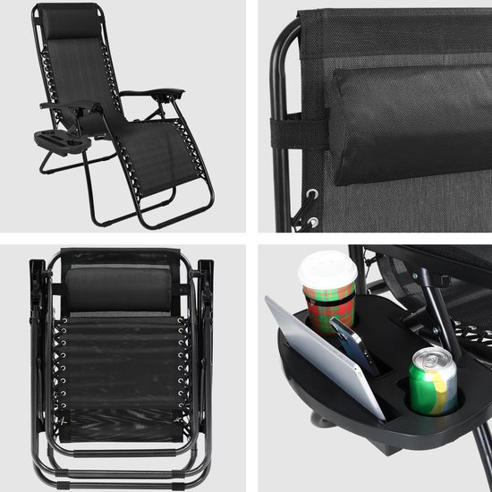 Meisterhome® Opvouwbare tuinstoelen met tafel - set van 2 stuks + bijzettafel - Inclusief Hoofdkussen en bekerhouder - Zonnebed - Tuinstoel - Ligstoel - Campingstoel - Verstelbaar - Tuin - Weerbestendig - Zwart van Meisterhome — afbeelding 3