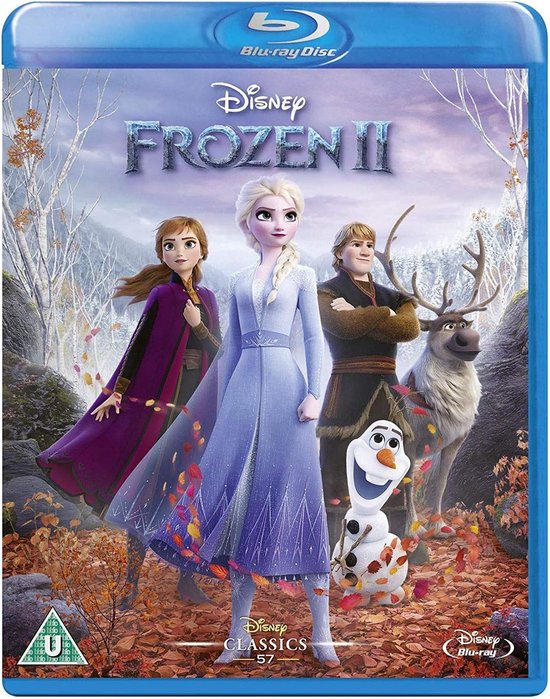 Blu-ray hoes van Frozen II met Elsa, Anna, Kristoff, Sven en Olaf in een bosrijke omgeving met herfstbladeren.