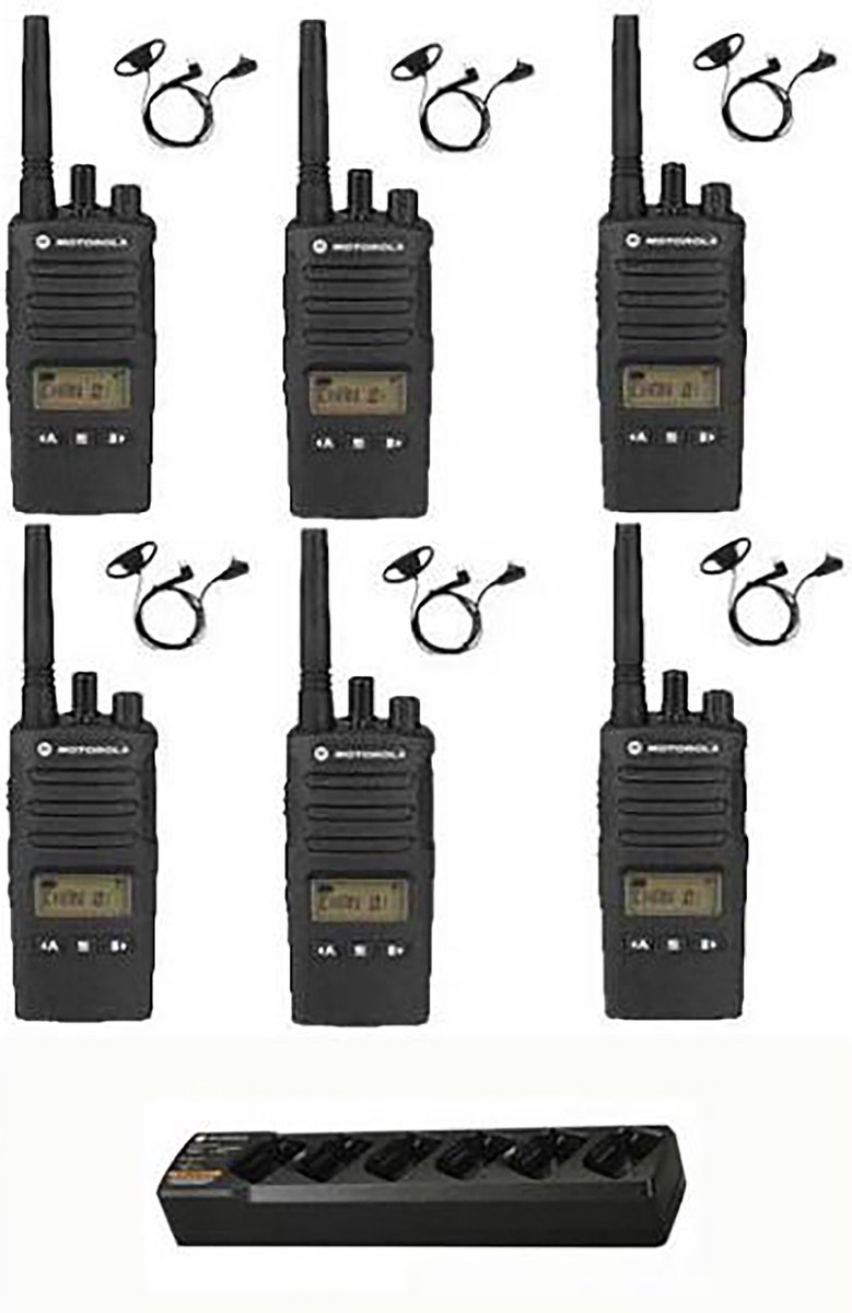 Set van 6 Motorola XT460 IP55 PMR446 met D-shape oortje M1 2-Pins en multilader