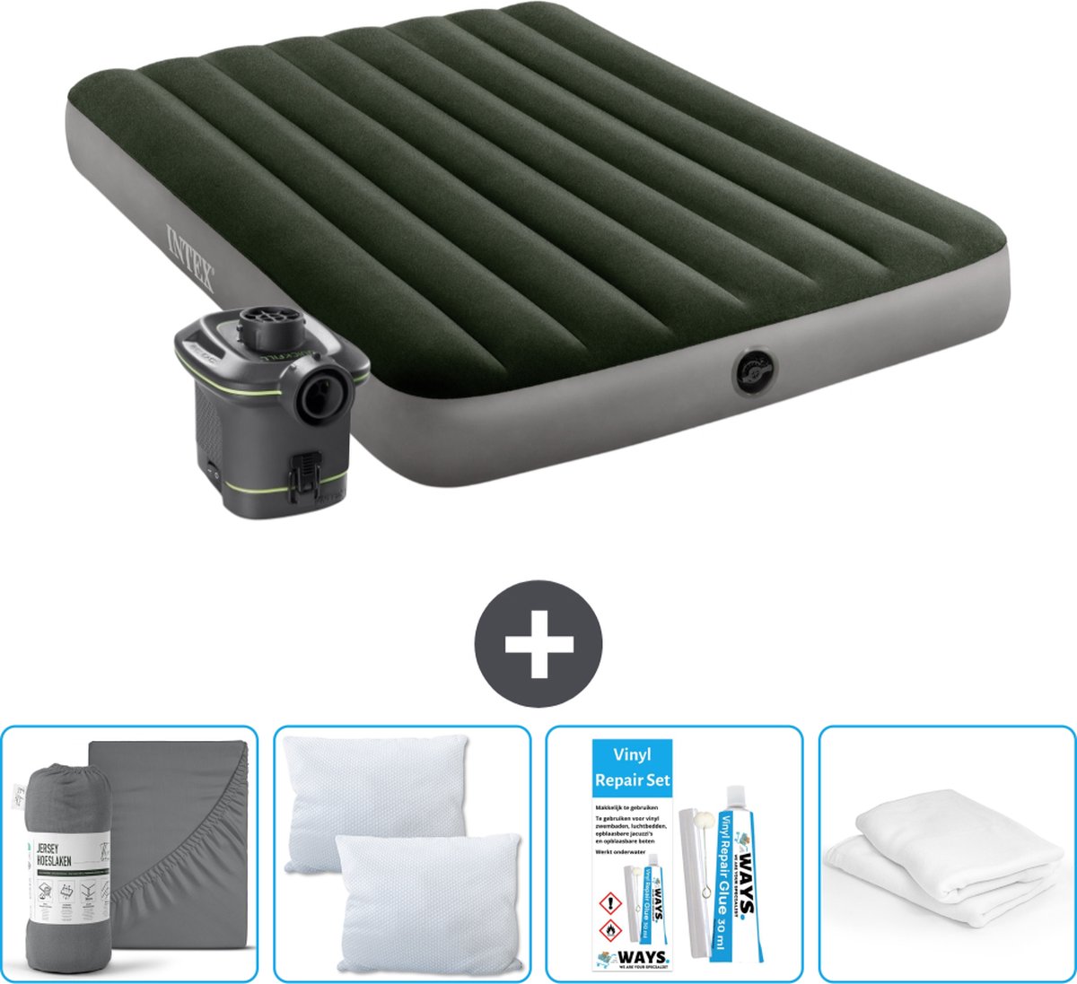 Intex Luchtbed - Twijfelaar - 137 x 191 x 25 cm - Groen - Met pomp + Hoeslaken Antraciet + Kussen + Molton 2 in 1 Kussenslopen + Reparatieset