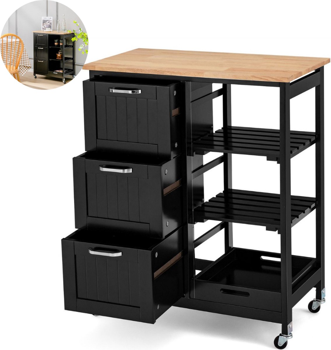 Keukeneiland - Verplaatsbaar - Keukenkast - Dressoir - Organizer - Kasten - Houten Werkblad - Lade - Zwart