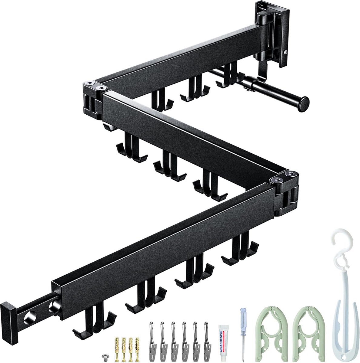 Goedkoopste Uittrekbaar droogrek, 3-voudig gevouwen, wit, wandmontage, ruimtebesparend, opvouwbaar, duurzaam, voor balkon, wasruimte, badkamer, terras, appartement, slaapzaal (zwart