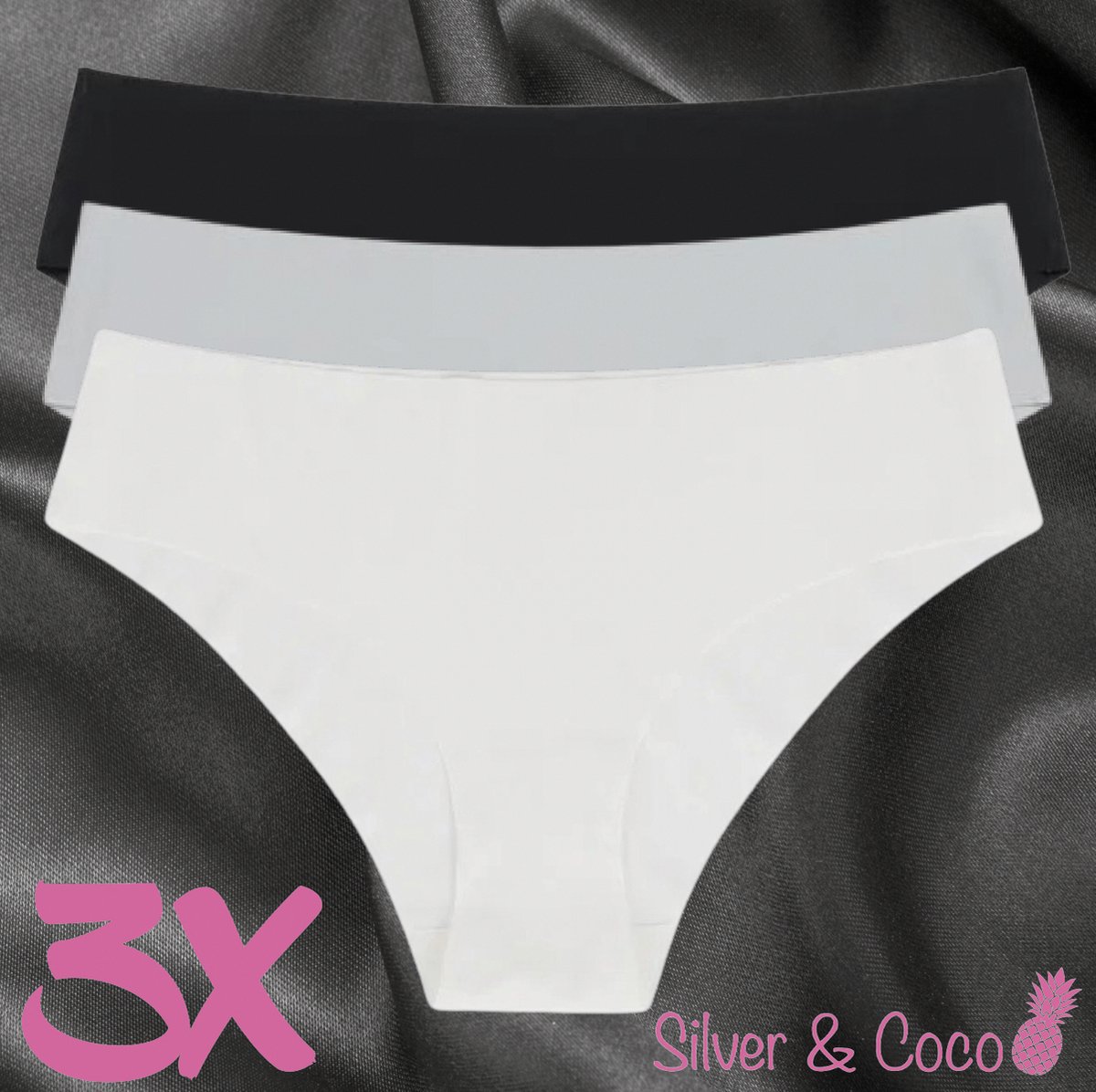 SilverAndCoco® - 3 stuks Naadloze Onderbroek / Seamless Broekje Dames / Zacht Brazilian Slipje / Naadloos Stretch Ondergoed Vrouw / Hipster Dames Lingerie Broekje Slip Black - Zwart Grijs Wit / Large L