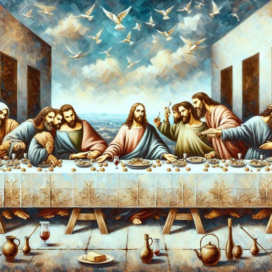 Olieverf laatste avondmaal schilderij | Meesterlijk meesterwerk: het laatste avondmaal vereeuwigd in olieverf | Kunst - 40x40 centimeter op Dibond | Foto op Dibond