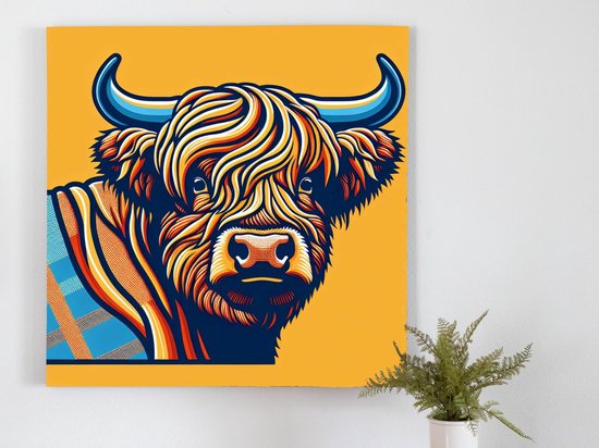 Pop art schotse hooglander schilderij | Bontgekleurde koe in pop art, Schotse hooglander inspiratiekunstwerk | Kunst - 40x40 centimeter op Dibond | Foto op Dibond