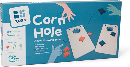 Verpakking van BS Toys Cornhole spel met twee houten boards, oranje en blauwe beanbags en illustraties van spelende handen.