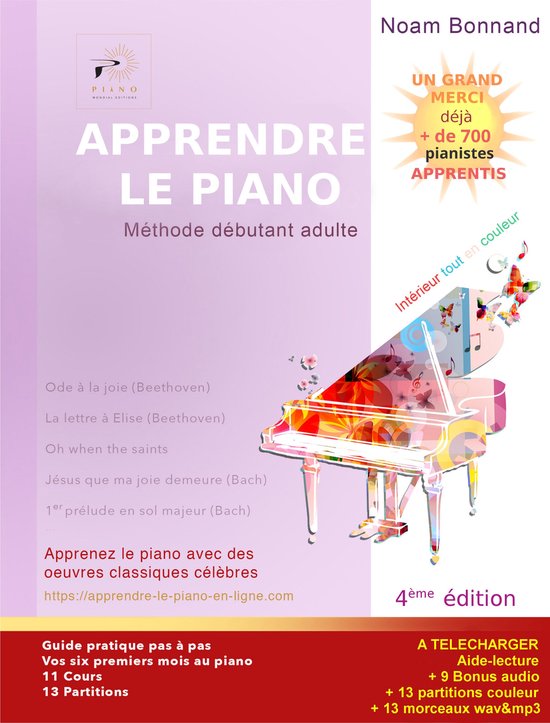 Boek 'Apprendre le Piano' met een gekleurde piano en vlinders. Methode voor beginnende volwassenen.