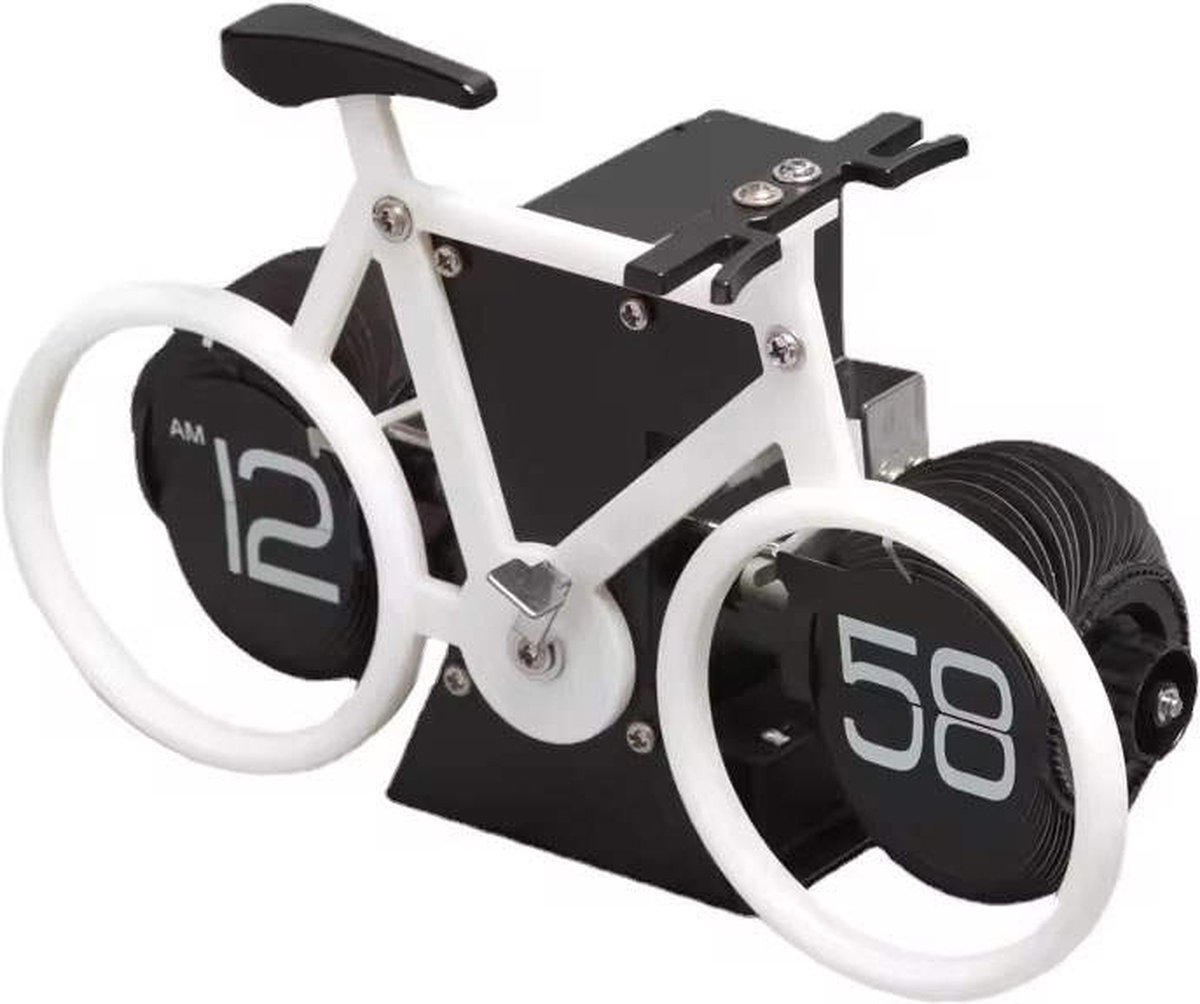 Retro fiets Flipklok- Wit - 20x13x8cm - Mechanische Automatische Flip Down Pagina - Tafelklok - Kantoor Flip Klok - wandklok – Modern