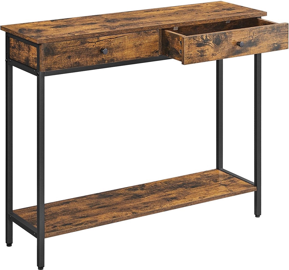 Rootz Living Rootz Vintage Bruin Zwart Consoletafel Ingangstafel Haltafel Spaanplaatstaal 100cm x 30cm x 80cm Max. Belasting 20 kg 1 lade 2 planken