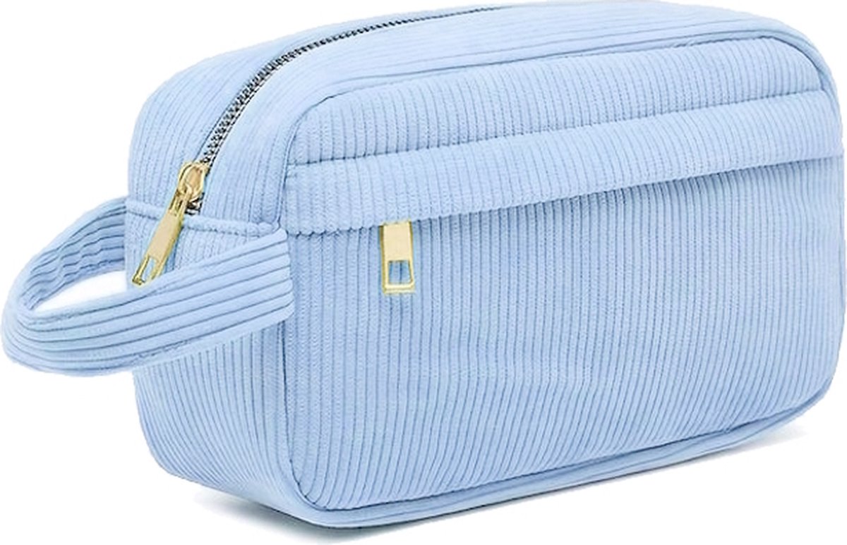 Corduroy Make-up Tas - Blauw | 23 x 12,5 x 9 cm | Toilettas / Etui | Katoen/ Polyester | Fashion Favorite