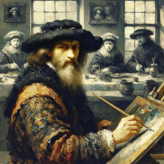 Acryl rembrandt schilderij | Vibrant Acrylic Masterpiece: A Modern Rembrandt Inspired Creation | Kunst - 100x100 centimeter op Dibond | Foto op Dibond