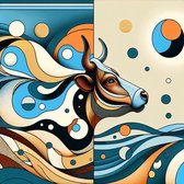 Modern koeien schilderij | Hedendaagse boerderijtaferelen: revolutionaire koeiendans in artistiek jasje | Kunst - 100x100 centimeter op Canvas | Foto op Canvas