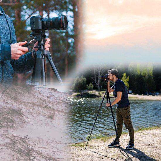 Twee opnames: close-up van iemand die een camera op een statief zet, man fotografeert aan het water.