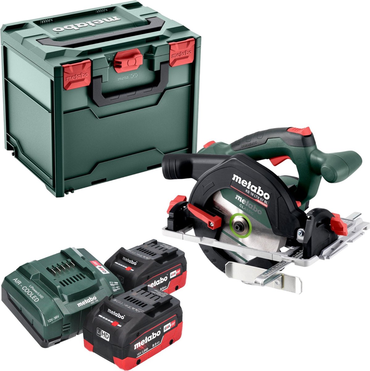 Metabo KS 18 LTX 57 BL accucirkelzaag 18 V 57 mm ( 611857810 ) + 2x LiHD accu 8.0 Ah + lader + metabox