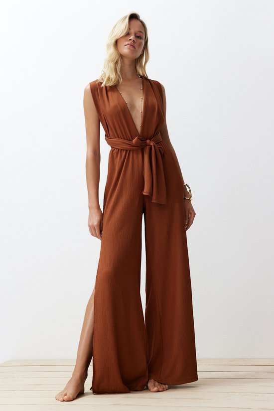 Trendyol Bruine Saksische Geweven Rugloze Strandjumpsuit Met Knoopjes Tbess23Tu00010