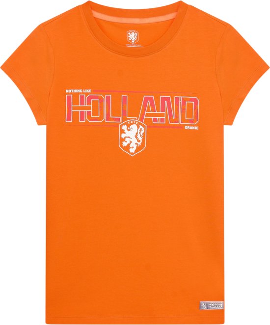 Oranje KNVB dames T-shirt met tekst 'NOTHING LIKE HOLLAND ORANJE' en leeuw embleem.