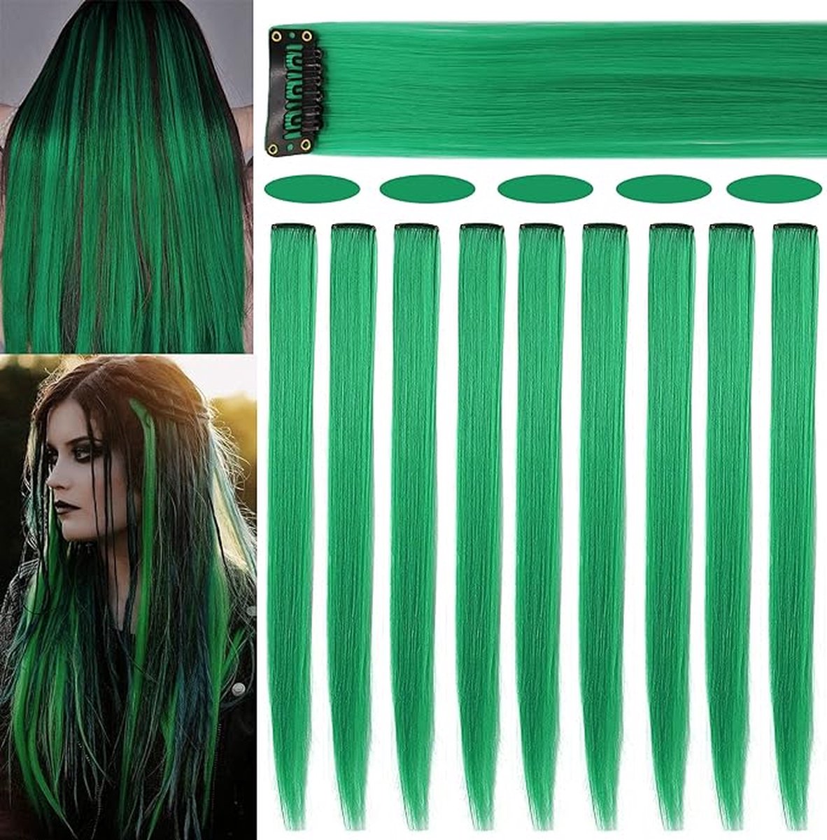 9 STKS 21 inch Gekleurde Clip in Hair Extensions Groene Hair Extensions voor Kids Meisjes Clip in Groene Hair Clips Hair Extensions voor Kids Party Hoogtepunten (Groen)
