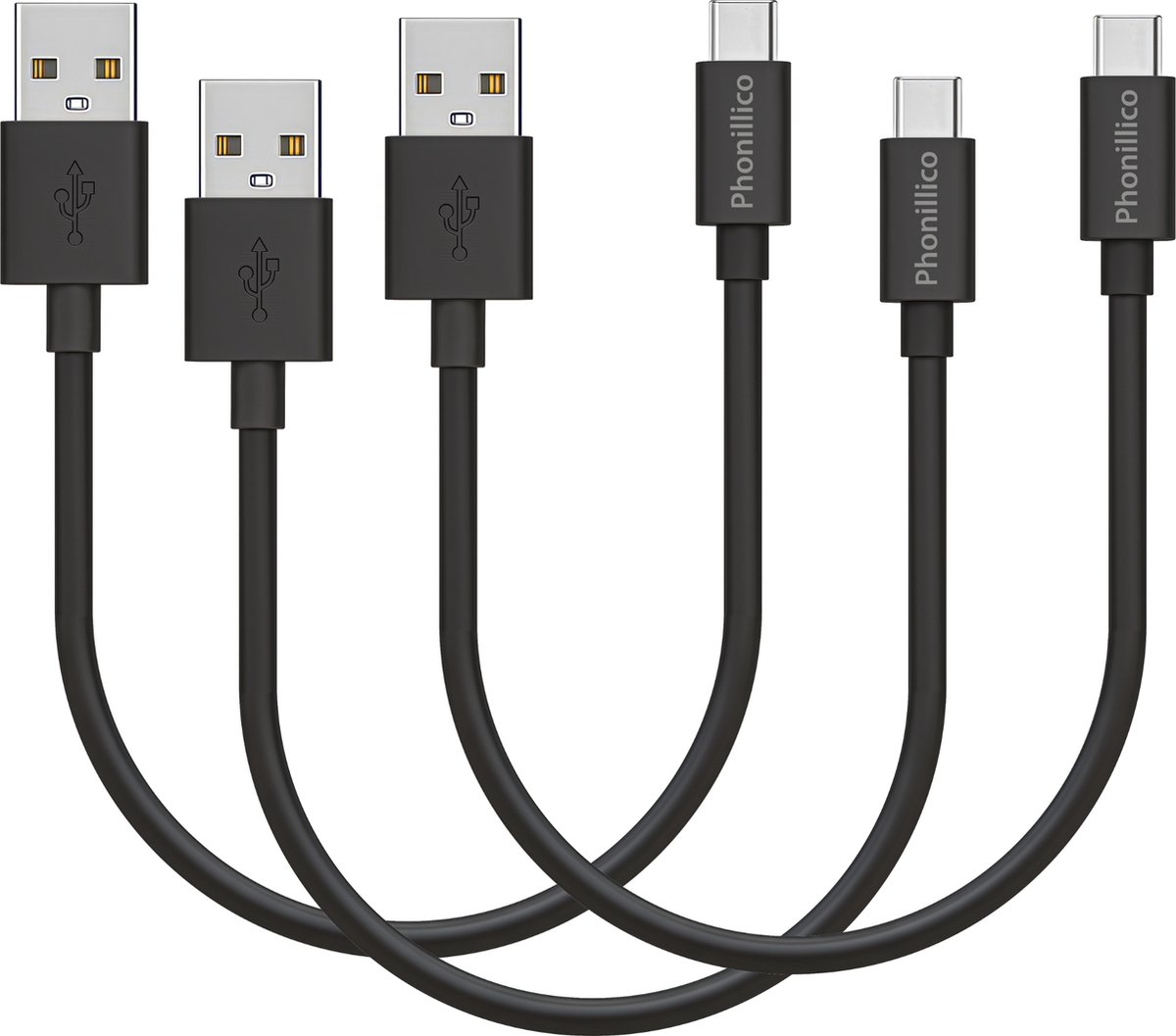 3x USB C naar USB A Kabel Zwart - 0,2 meter - Oplaadkabel voor Samsung Galaxy A20E / A40 / A50 / A70 / A80