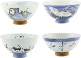 Cadeau set van 4 Japanse rijstkommen blauw wit met dieren print 12,5 x 7 cm