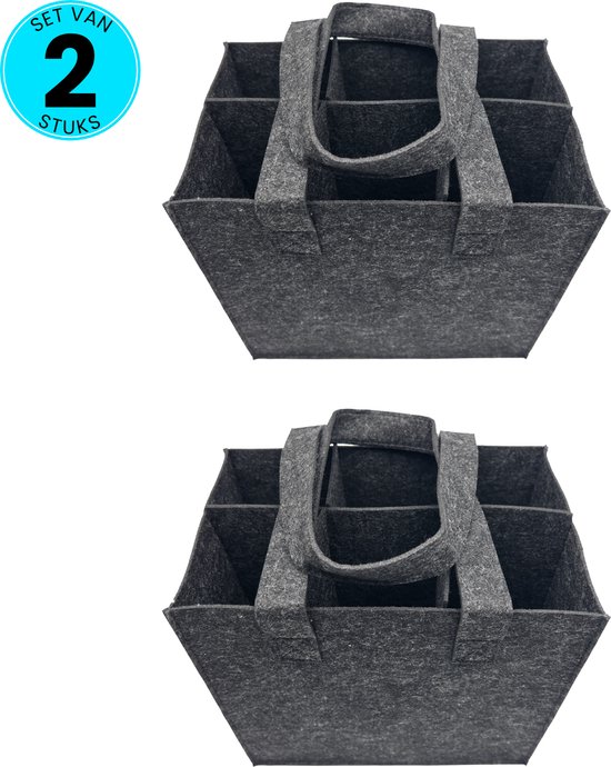 Somstyle 2x Flessentas met 6 Vakken - 26.5 x 18 x 23.5 CM - Geschikt voor 1.5L Flessen - Boodschappentas - Flessendrager voor Wijnflessen & Waterflessen - Donkergrijs