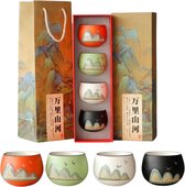 Chinese Gong Fu Theekopjes Set - 4 Wanli Keramiek kopjes in geschenkdoos - Bergen & Rivieren - Medium formaat 150ML