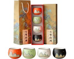Chinese Gong Fu Theekopjes Set - 4 Wanli Keramiek kopjes in geschenkdoos - Bergen & Rivieren - Medium formaat 150ML