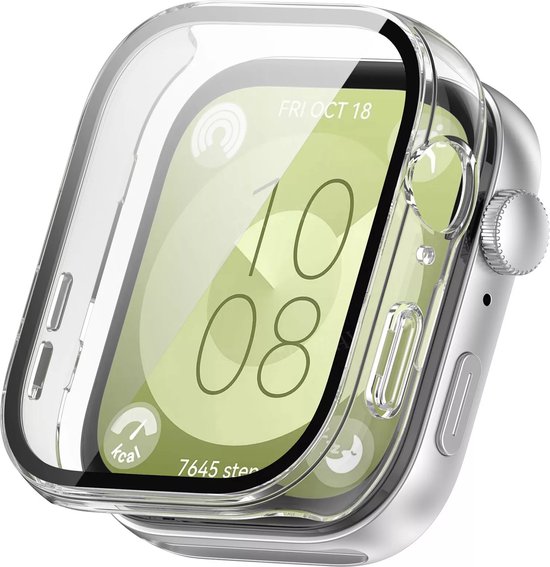 Transparante hoes met screenprotector op een smartwatch. De smartwatch toont "FRI OCT 18", "10:08", "7645 steps".