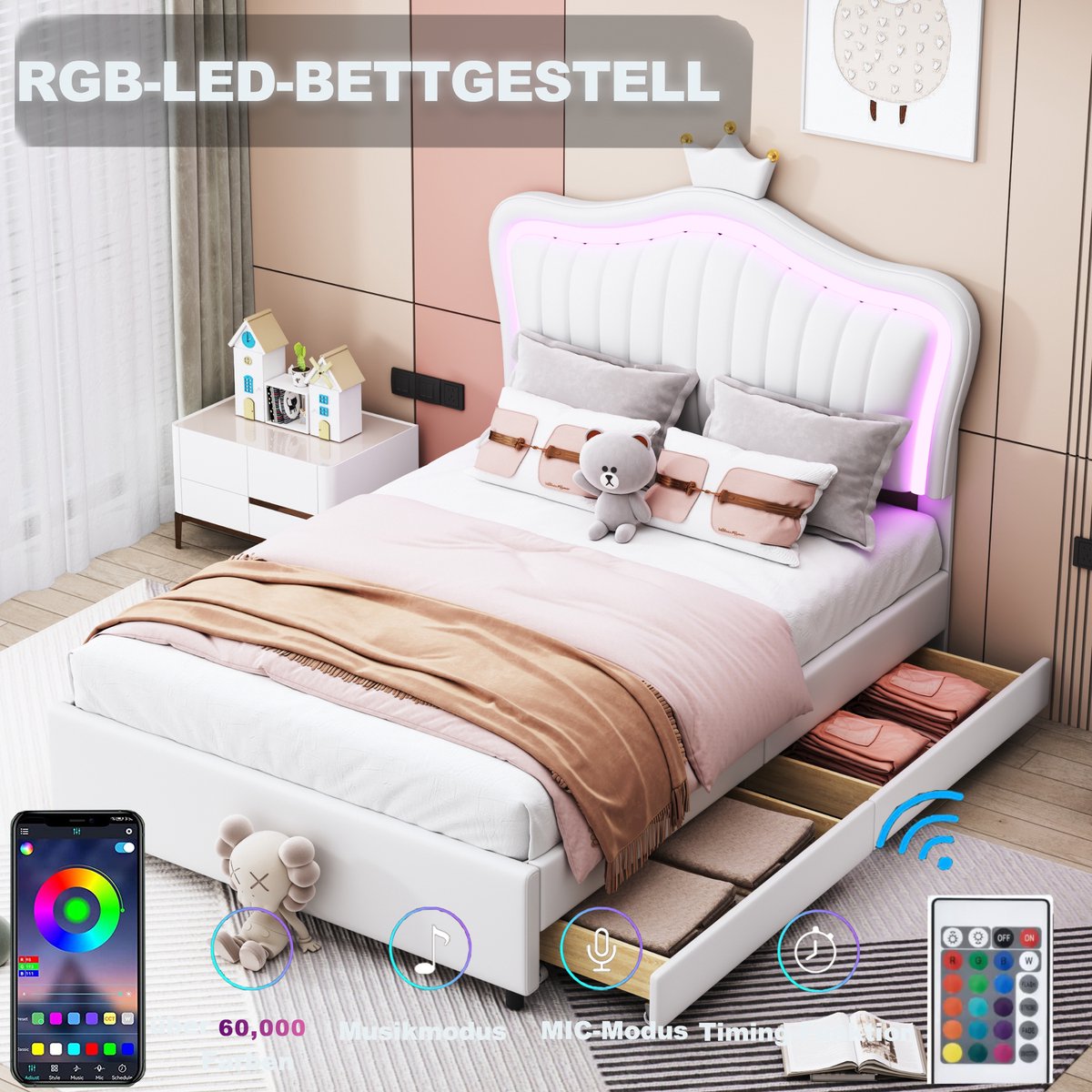 Lit Enfant Lit 90x200 Cm Lit Princesse En Forme De Couronne Rembourrage LED Réglable Rose - Maison