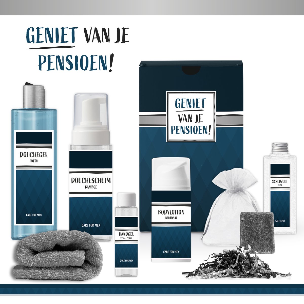 Goedkoopste Geschenkset “Geniet van je pensioen!” - 7 producten - 850 gram | Giftset voor hem - Douchegel - Bodylotion - Scrubzout - Geurblokje - Wellness Pakket - Gestopt met werken - Cadeau set - Vader - Broer - Vriend - Collega - Blauw