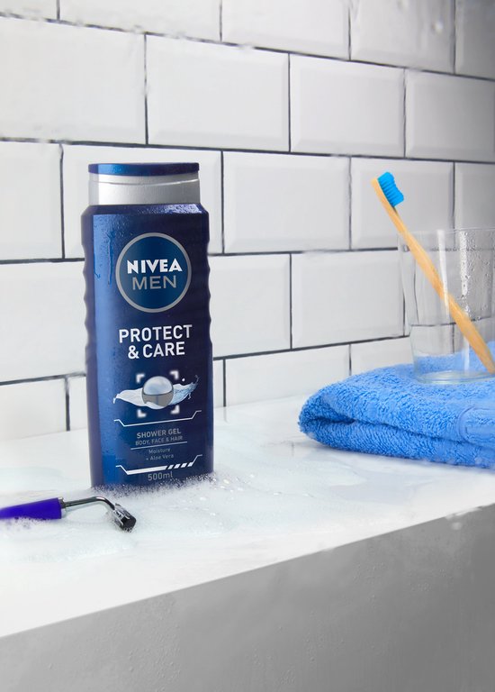 Gel douche NIVEA MEN Protect & Care - Gel Shower 3 en 1 à l'aloe vera - Shampooing - 500 ml