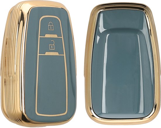 Zwart/donkerblauw TPU autosleutel hoesje met gouden rand, van voren en van achteren.