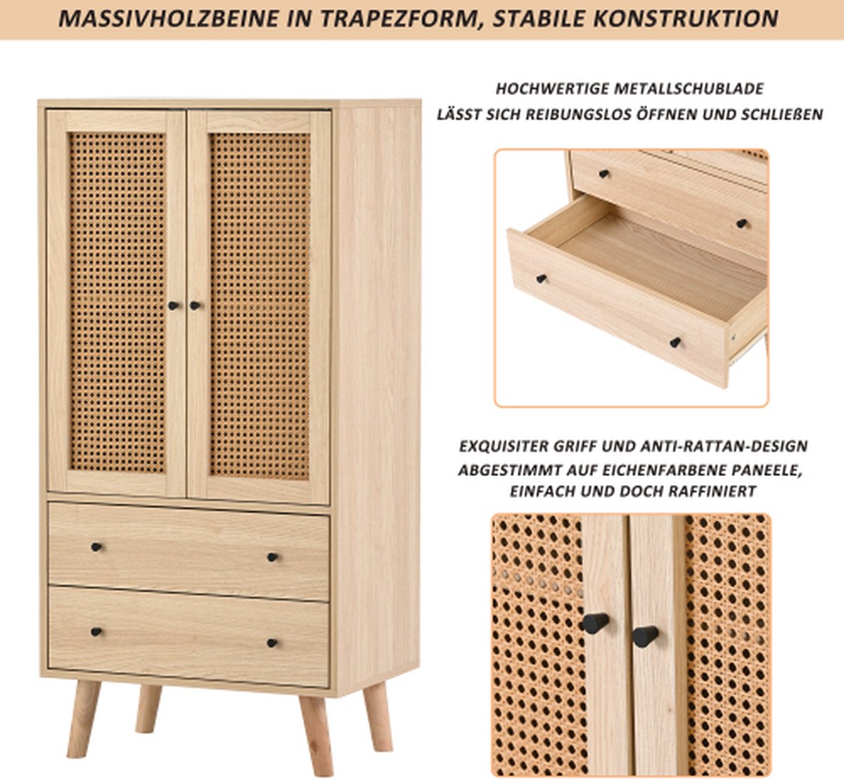 Dressoir met 3 schuifdeuren van echt rotan en 2 laden, 155 x 38 x 80 cm Dressoir met 3 schuifdeuren van echt rotan en 2 laden, 155 x 38 x 80 cm