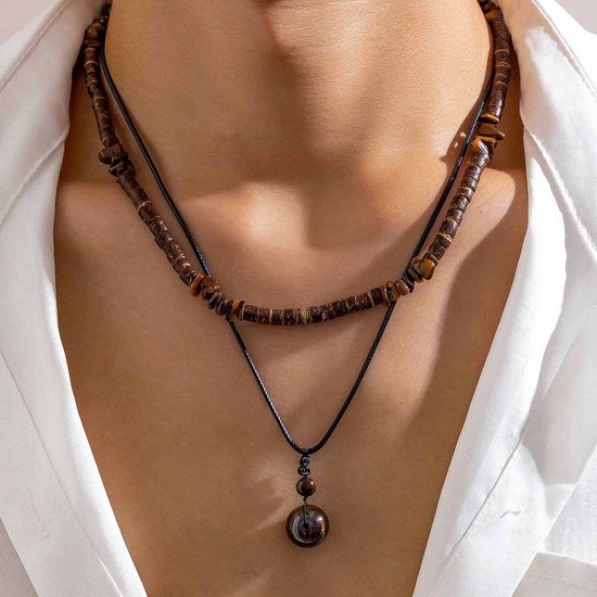 Helin life Klassieke ketting heren - Kettingen set- Schakelketting - Cadeau voor Man -Natuursteen&Houten kralen- 45+7cm-Mannen Cadeautjes