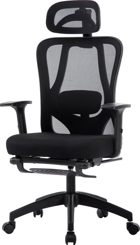 Seven Comfort Ergonomische Bureaustoel - Bureaustoel voor Volwassenen - Verstelbaar - Met lendensteun en hoofdsteun - Met voetsteun - Met Kantelmechanisme - 200kg -Zwart