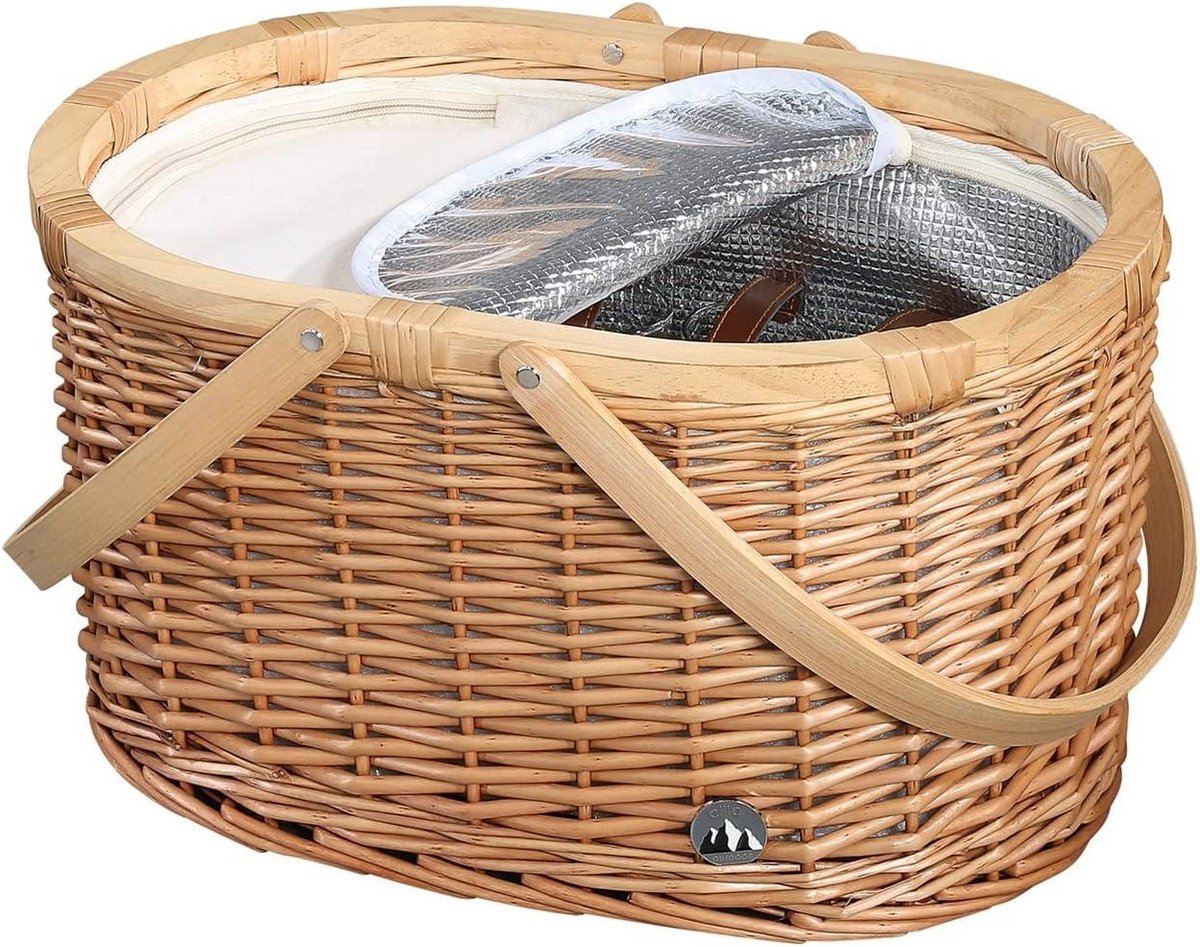 cilio Palermo Picknickmand voor 4 personen, gevlochten mand met deksel van grenenhout, picknickmand met koelvak incl. bordenset, bestek en glazen, handgrepen en schouderriem, lichtbruin