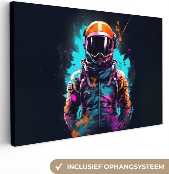 Canvas schilderij 140x90 cm - Wanddecoratie Astronaut - Neon - Gaming - Ruimte - Muurdecoratie game room - Gaming kamer decoratie - Gameroom accessoires - Schilderijen