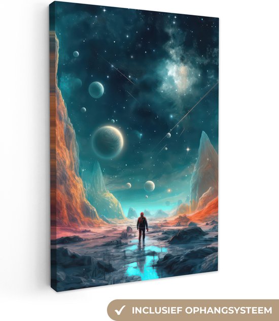 Canvas schilderij 20x30 cm - Wanddecoratie Bergen - Ruimte - Planeten - Astronaut - Muurdecoratie game room - Gaming kamer decoratie - Gameroom accessoires - Schilderijen