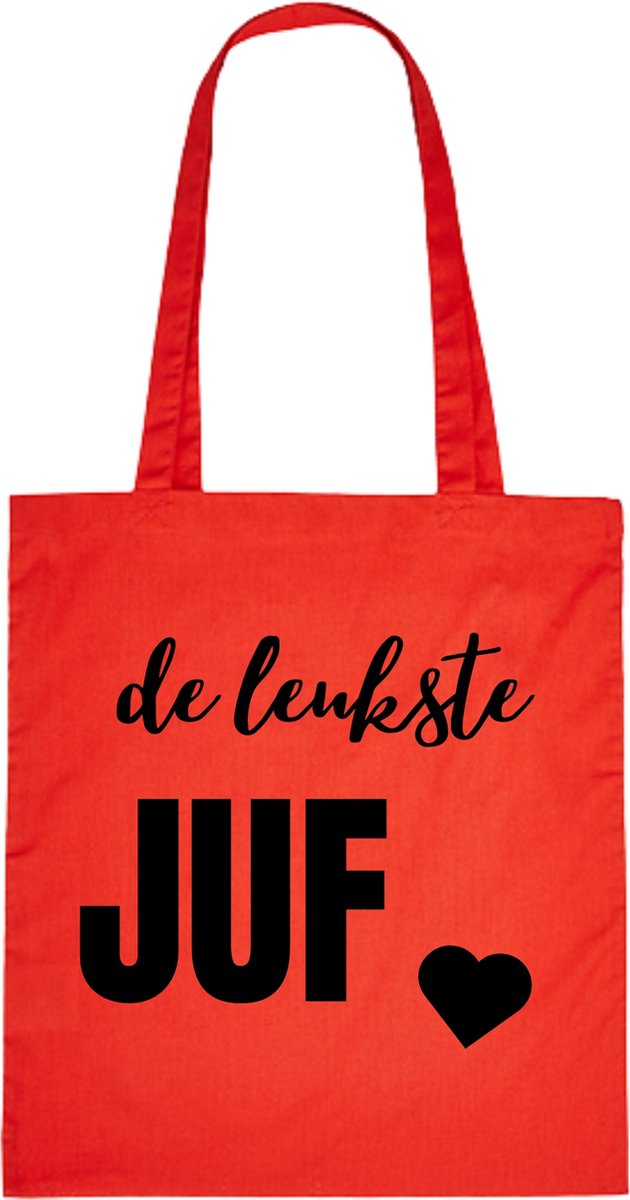 Katoenen tas voor juf -de luekste JUF - ROOD MET ZWARTE LETTERS