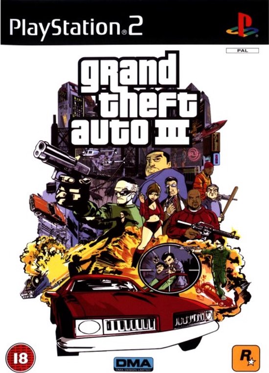 Grand Theft Auto III voor PlayStation 2 met artwork van karakters, een auto en gebouwen.