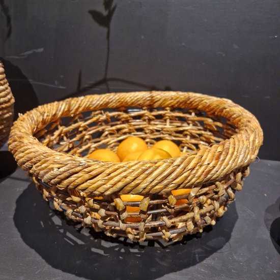 Ronde Rotan Serveerschaal Met Parelmoer - 35cm Boho Decor - Groene Ring