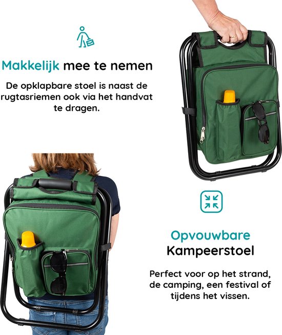 Relaxy Vouwkruk met koeltas - 3 in 1 - Draagbaar als rugzak - Koelrugzak - Uitstekend geschikt voor onderweg - Opvouwbaar viskrukje - Stevige constructie - Nylon + Staal - H41xB36xL29cm - Groen van Merkloos — afbeelding 4