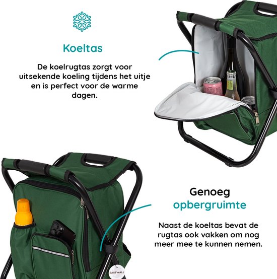 Relaxy Vouwkruk met koeltas - 3 in 1 - Draagbaar als rugzak - Koelrugzak - Uitstekend geschikt voor onderweg - Opvouwbaar viskrukje - Stevige constructie - Nylon + Staal - H41xB36xL29cm - Groen van Merkloos — afbeelding 2