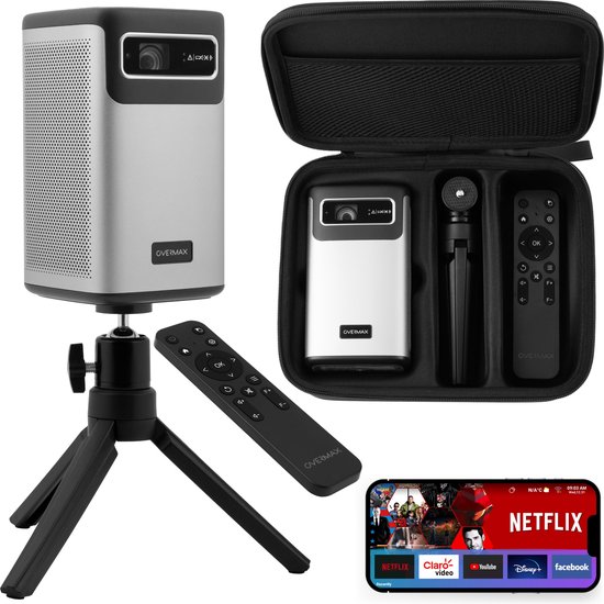 Overmax Multipic 8.1 Tragbarer 4K Beamer - kabellos mit Android 9.0 - Auto-Fokus und Keystone-Korrektur - 2,5 Stunden Akku - 5000 Lumen Helligkeit - Dual-Band WiFi und Bluetooth 5.0 - ideal für Heimkino und Outdoor